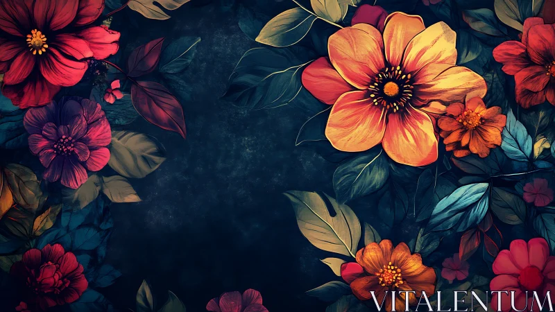 Floral Composition with Warm Colored Blooms on Dark Background