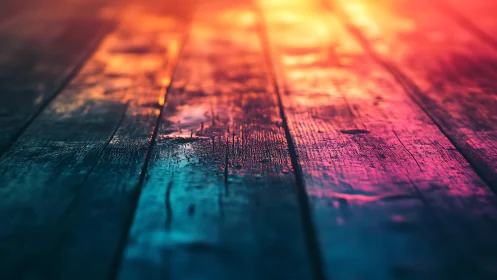 Sunlit color spill across worn midnight wooden boards.