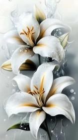 White Lilies with Golden Stamens Suspended in Dynamic Water Droplets.