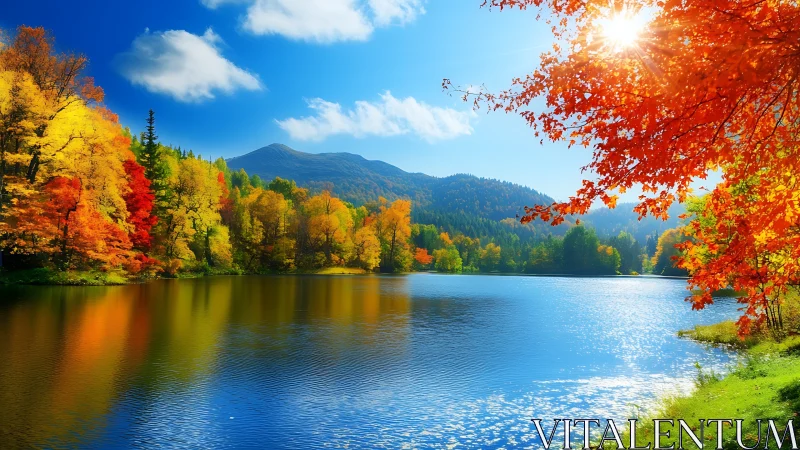 Autumn forest lake under clear sky with distant mountains.