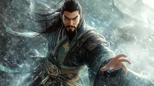 Storm-calling warrior reaches forward with fierce calm.