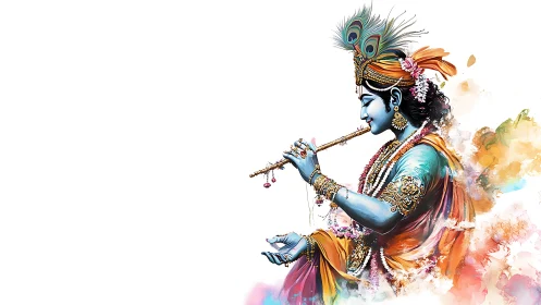 Divine blue figure plays flute in vibrant digital ink clouds.