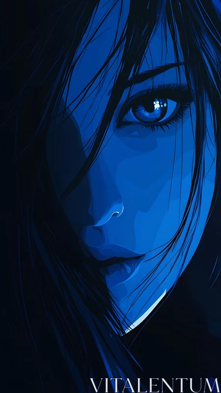Vector noir portrait in deep monochrome blue lighting.