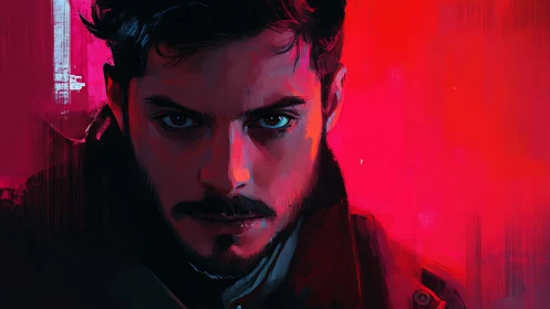 Intense male portrait in bold red digital painting style.
