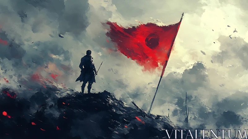 Lone warrior under red war flag on stormy battlefield.