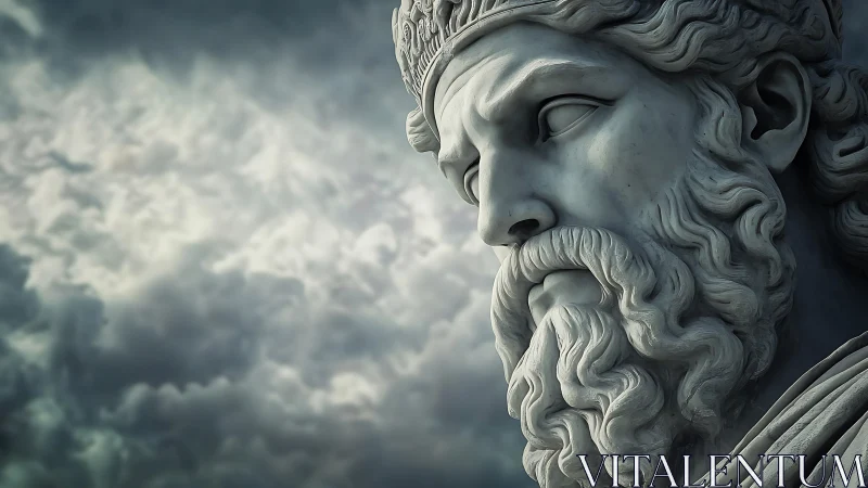 Marble stormwatcher gazes over brooding mythic skies.