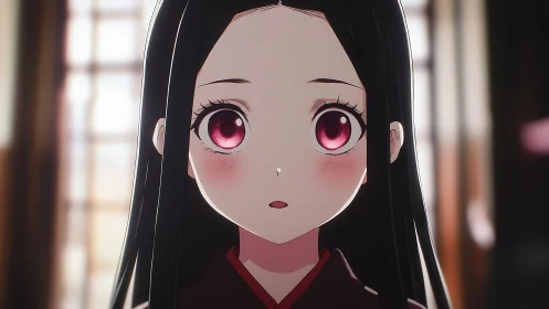 Anime girl with crimson eyes gazes softly in warm light