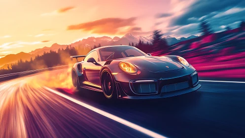 Digital sports car racing through neon sunset mountainscape.