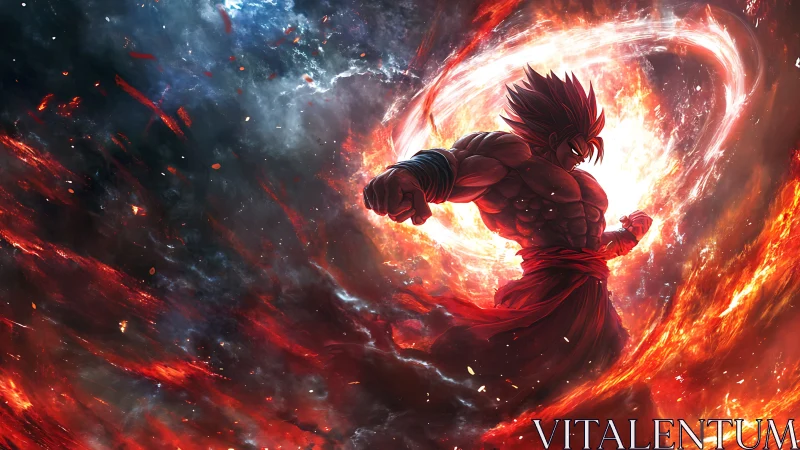Dynamic anime warrior amid cosmic flame vortex composition.
