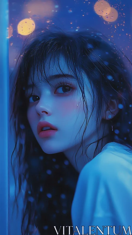 Girl with wet hair looks past rain streaked window at night