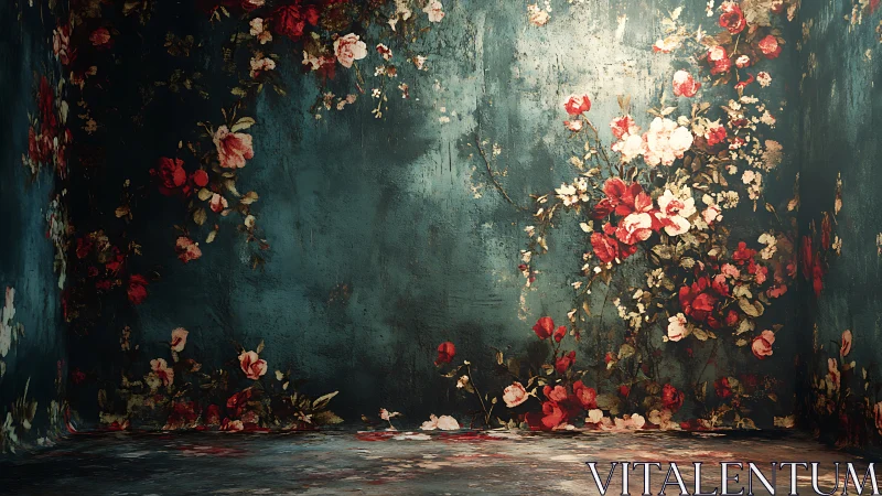 Floral blossoms gently brighten a moody, weathered room