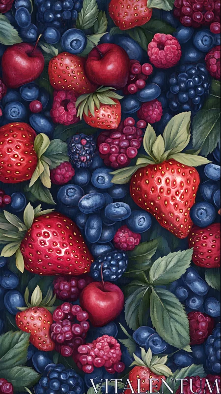 Mixed red and blue berries pattern with scattered apples.