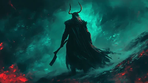 Horned warrior surveys burning voidlit battlefield alone