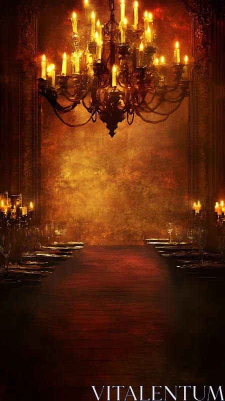 Candlelit banquet hall glowing with vintage golden warmth.