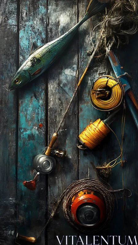 Weathered pier planks cradle gleaming fish and tangled reels
