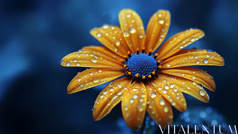 Macro study of dewy orange daisy under cool blue lighting