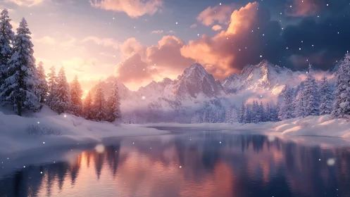 Radiant alpine winter lake with volumetric dusk illumination.