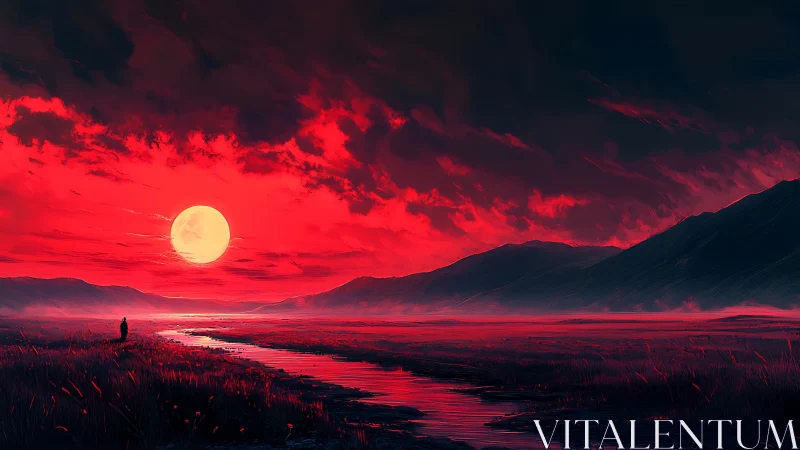 Crimson moonrise over silent marshlands and shadowed hills.
