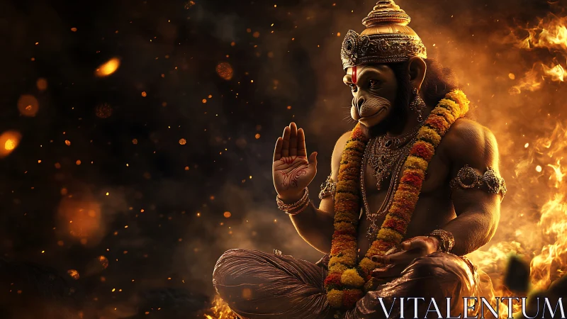 Firelit monkey deity sits serene while embers orbit slowly