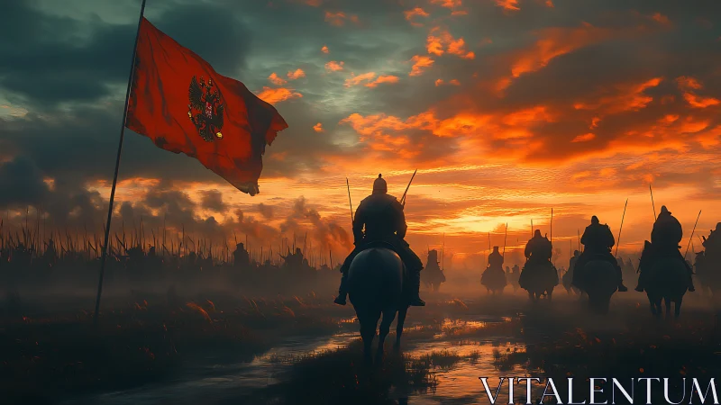 Mounted medieval army advancing under red war banner.