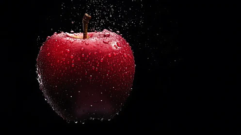 High-contrast macro of red apple with water droplets suspended