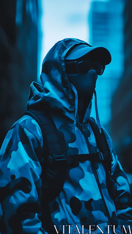 Midnight city wanderer wrapped in electric blue calm.