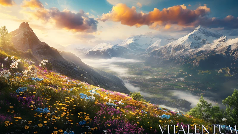 Sunlit alpine meadow overlooking misty valley and peaks.