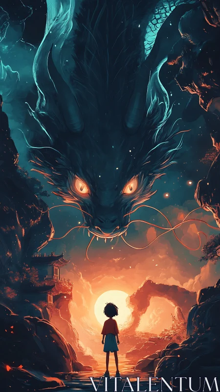 Child confronts glowing dragon in mystical canyon at dusk.