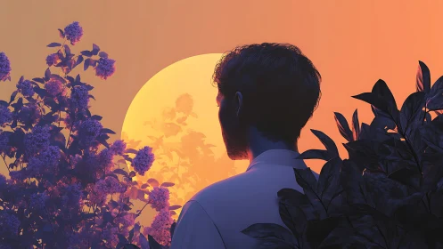 Solitary silhouette before oversized pastel sunset orb.