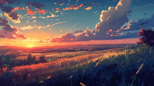 Sunset hillside dreamscape over glowing summer fields.