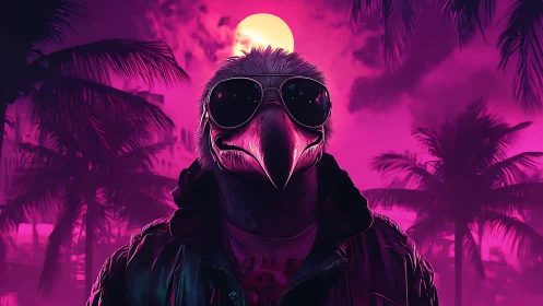 Bird-headed figure in jacket and sunglasses under neon sun
