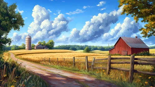 Golden farmland stretches under towering summer clouds