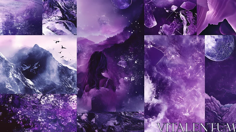 Violet celestial mountain collage with solitary figure and moons