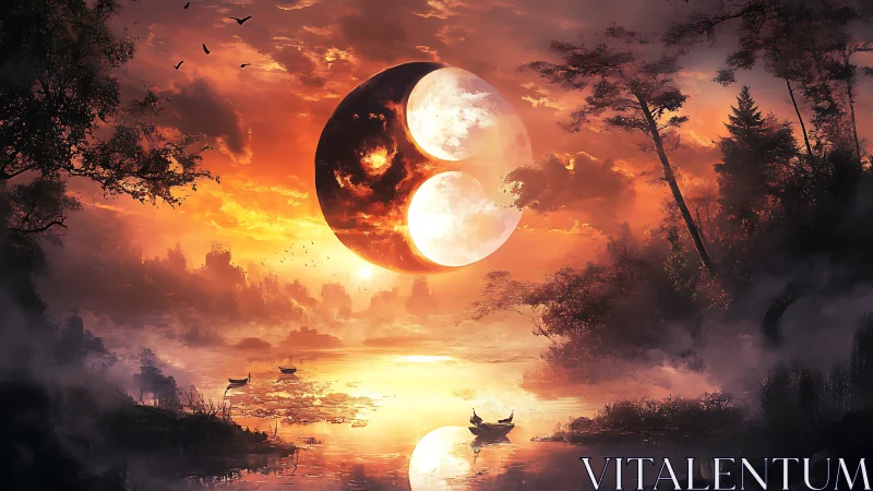 Surreal yin yang moon over misty golden twilight lake.