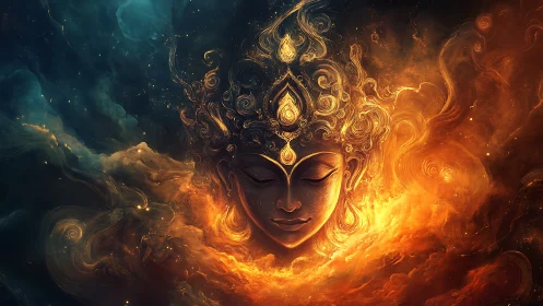 Central luminous face within swirling cosmic cloud field.