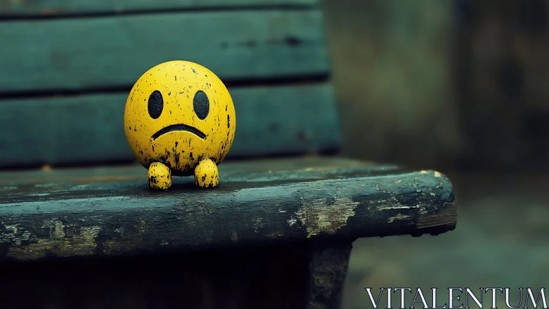 Lonely yellow smiley sits quietly on a weathered bench.