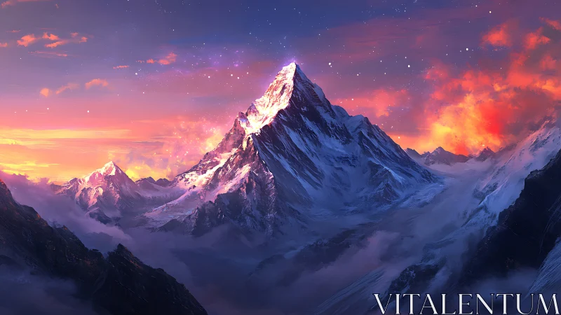 Snowy mountain peak under vivid sunset sky.