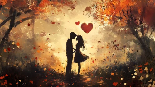 Silhouetted couple kissing in autumn forest surrounded by falling hearts.