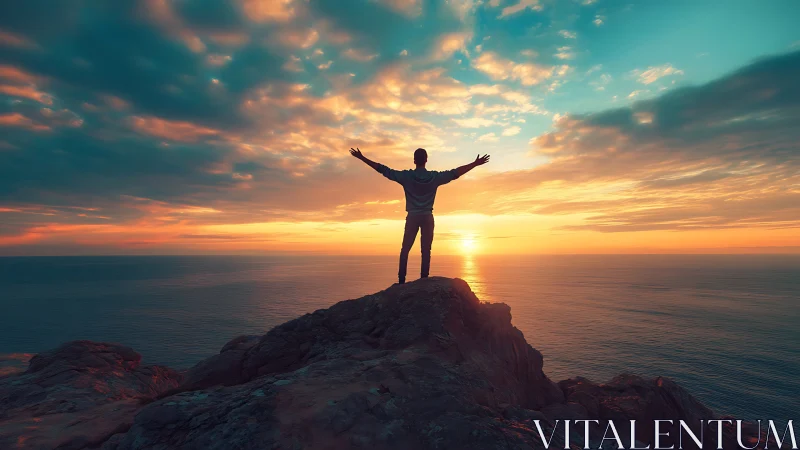Silhouette stands on rocky cliff embracing vivid ocean sunset