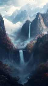 Misty twin waterfalls carve deep gorge between jagged peaks