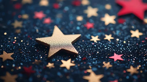 Gold star rests on glittered surface with scattered confetti