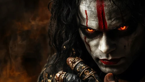 Close portrait of painted figure with glowing orange eyes.