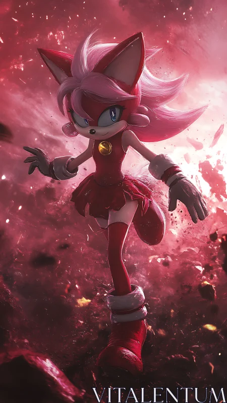Pink hedgehog heroine strides through blazing red storm.