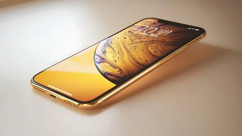 Gold-finished smartphone product render with liquid swirl display