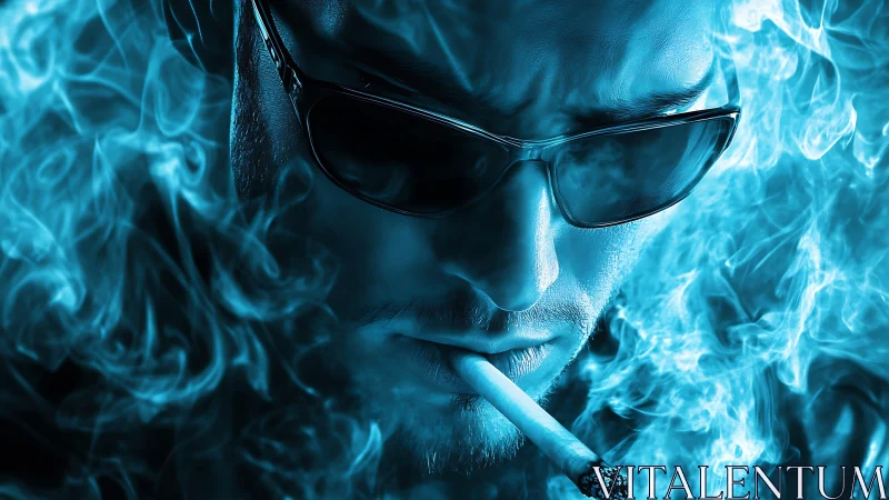 Smoky blue portrait captures intense man in dark shades.