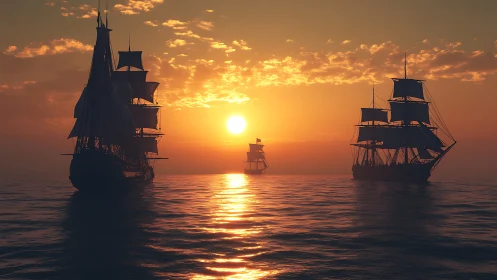 Tall ships cross calm sea beneath vivid orange sunset sky