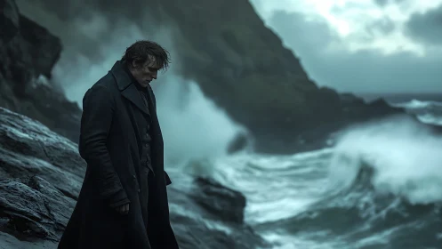 Solitary man faces stormy coastal cliffs in muted dusk light