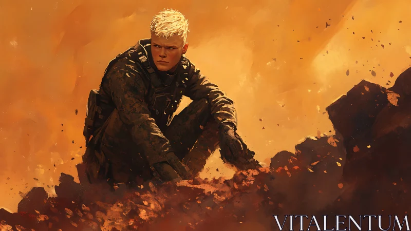 Blond soldier in tactical gear amid burning debris field.