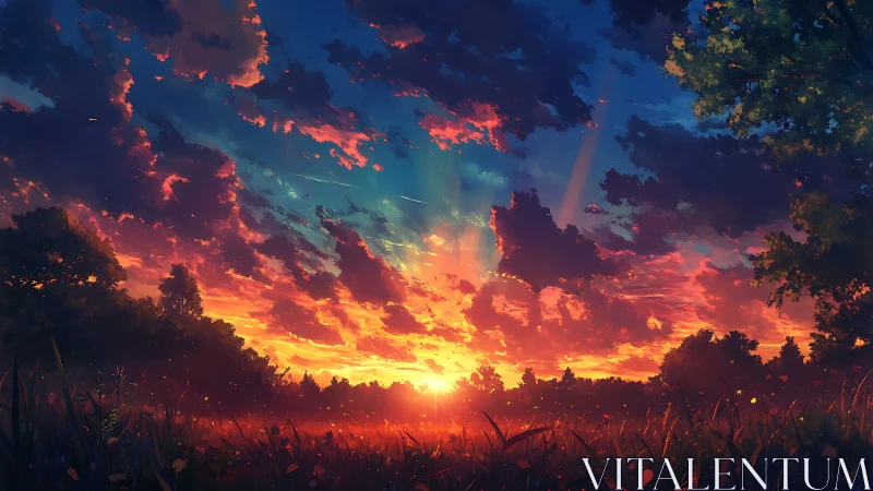 Glowing meadow sunset wrapping the sky in gentle warmth.