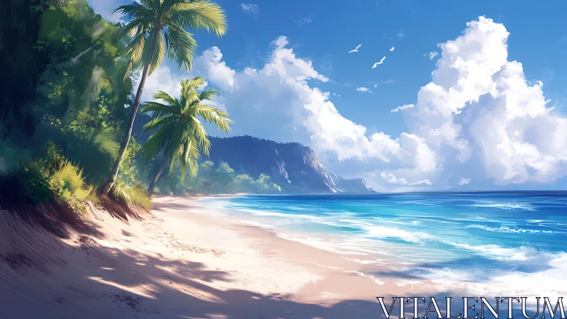 Tropical Beach Landscape with Dramatic Coastal Scenery and Palm Trees